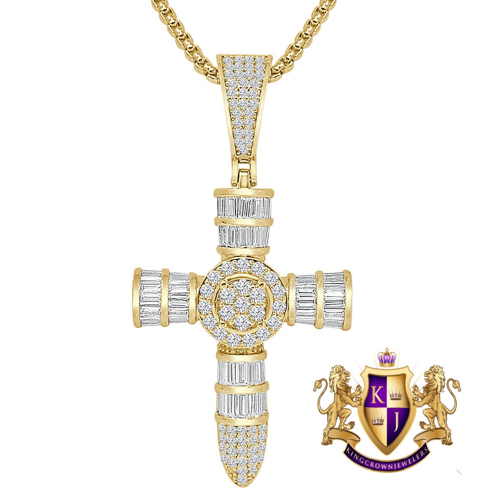 Unisex Baguette 14k Gold Over Simulated Diamond Holy Jesus Crist Cross Charm Religious Pendent Chain Set 2.25'''