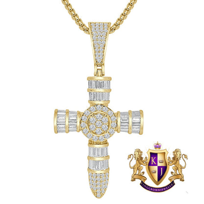 Unisex Baguette 14k Gold Over Simulated Diamond Holy Jesus Crist Cross Charm Religious Pendent Chain Set 2.25'''