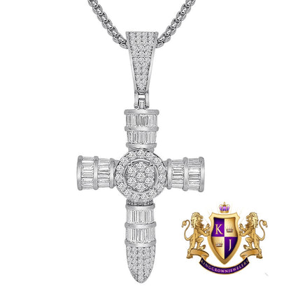 Unisex Baguette 14k Gold Over Simulated Diamond Holy Jesus Crist Cross Charm Religious Pendent Chain Set 2.25'''