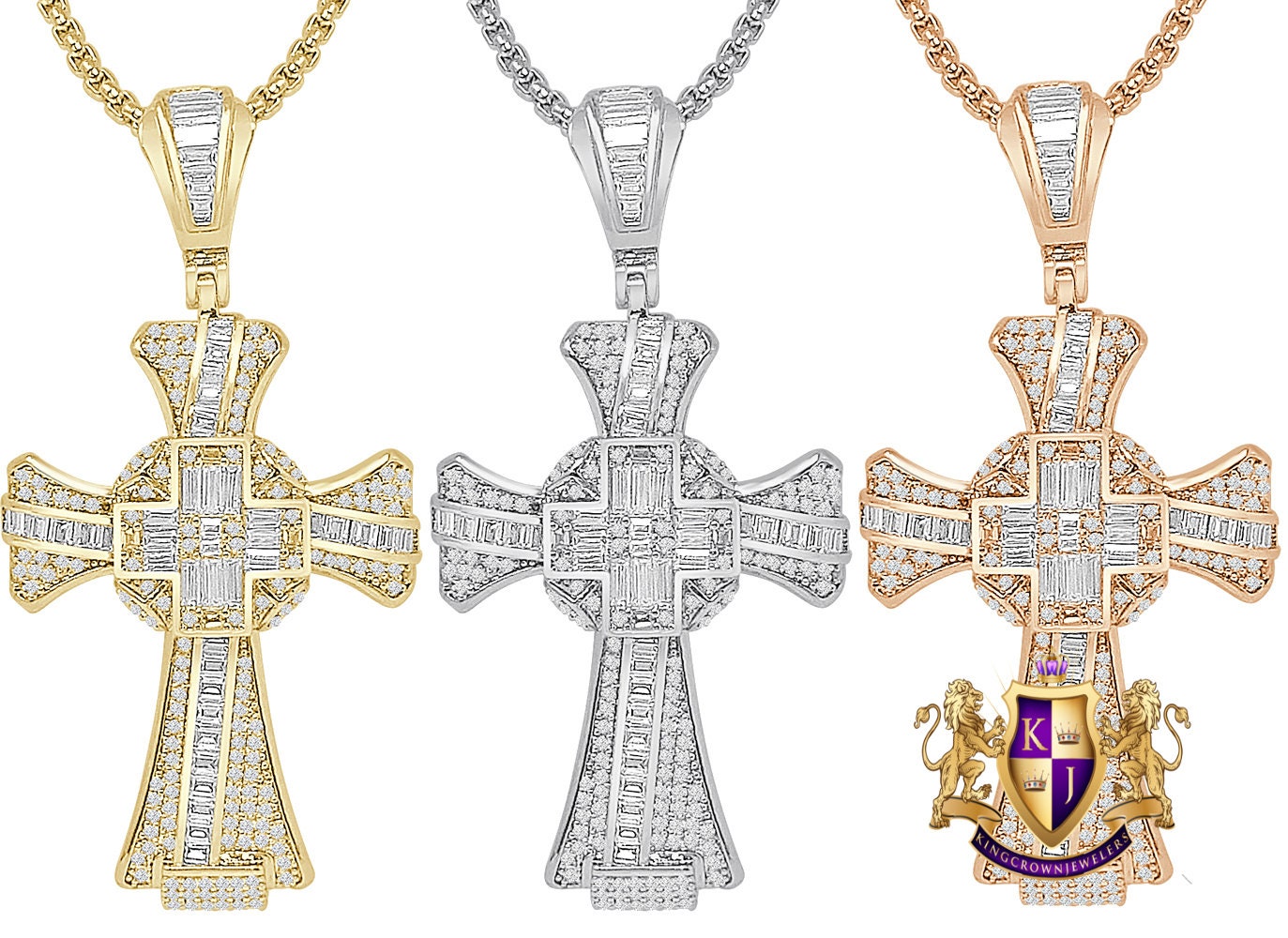 18 + Grams Baguette 14k Gold Over Simulated Diamond Jesus Crist Cross Unisex Charm Religious Pendent Chain Set 2.25''