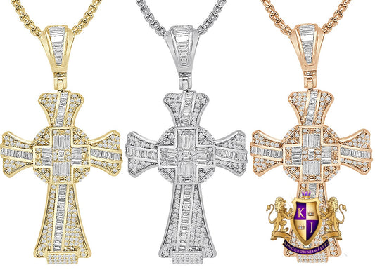 18 + Grams Baguette 14k Gold Over Simulated Diamond Jesus Crist Cross Unisex Charm Religious Pendent Chain Set 2.25''