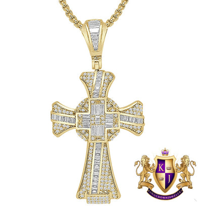 18 + Grams Baguette 14k Gold Over Simulated Diamond Jesus Crist Cross Unisex Charm Religious Pendent Chain Set 2.25''