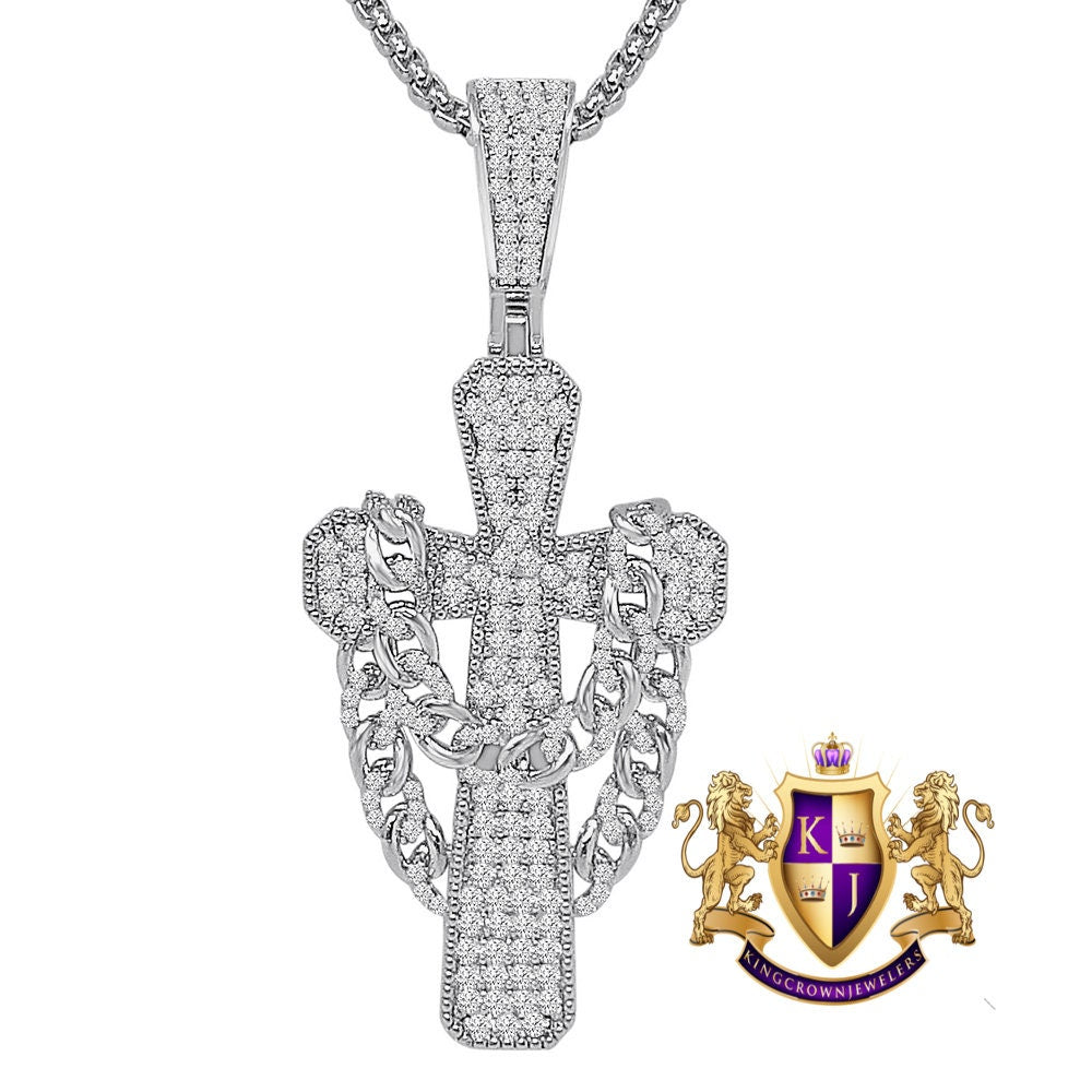 Real Sterling Silver 14k Gold Over Simulated Diamond Miami Cuban Chain Jesus Cross Unisex Charm Religious Pendent Chain Set 2.25''