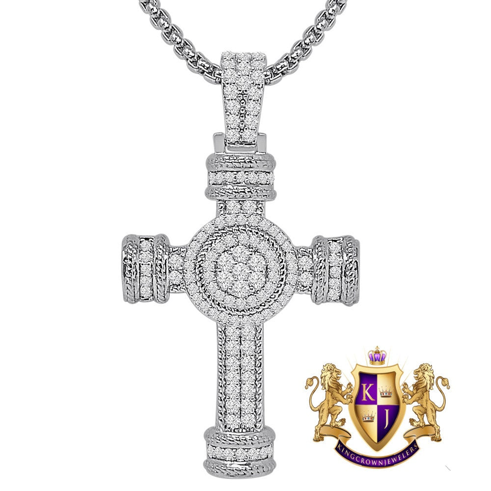 14k Gold Over Simulated Diamond Jesus Crist Cross Unisex Charm Religious Pendent Chain Set 1.75''