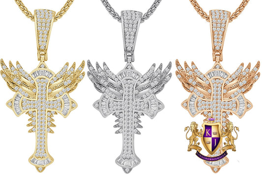 14k Gold Over Men's Ladies Baguette Simulated Diamond Holy Jesus Crist Cross Angel Wings Charm Pendent Chain Set 2.25''