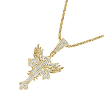 14k Gold Over Men's Ladies Baguette Simulated Diamond Holy Jesus Crist Cross Angel Wings Charm Pendent Chain Set 2.25''