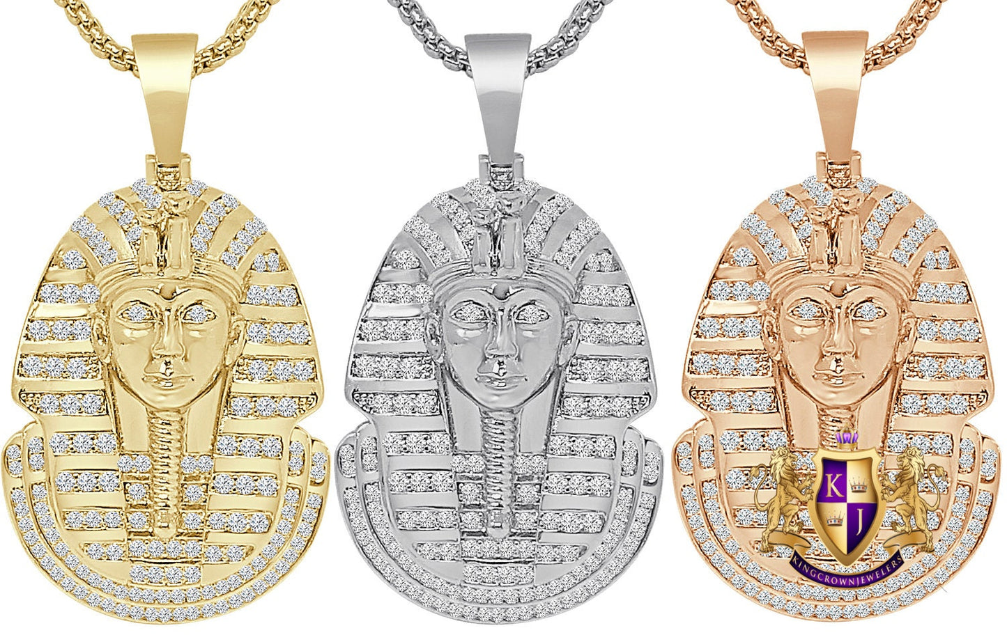 24 + Grams 14K Gold Over Simulated Diamond Egyptian King Tut Pharaoh Mummy Unisex Charm Pendent Chain Set 2''