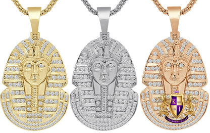 24 + Grams 14K Gold Over Simulated Diamond Egyptian King Tut Pharaoh Mummy Unisex Charm Pendent Chain Set 2''