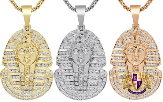 24 + Grams 14K Gold Over Simulated Diamond Egyptian King Tut Pharaoh Mummy Unisex Charm Pendent Chain Set 2''