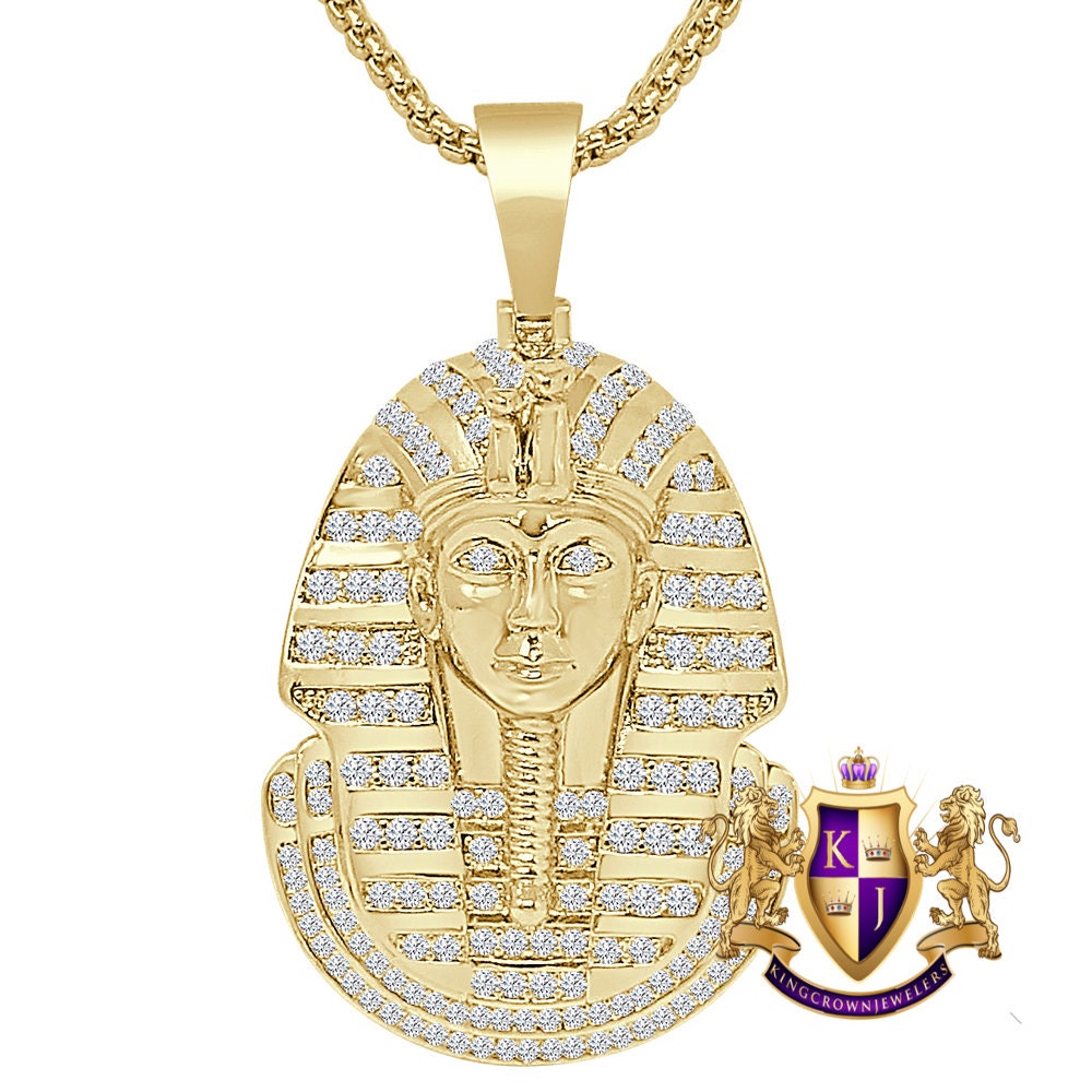 24 + Grams 14K Gold Over Simulated Diamond Egyptian King Tut Pharaoh Mummy Unisex Charm Pendent Chain Set 2''