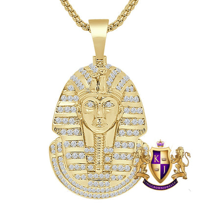 24 + Grams 14K Gold Over Simulated Diamond Egyptian King Tut Pharaoh Mummy Unisex Charm Pendent Chain Set 2''