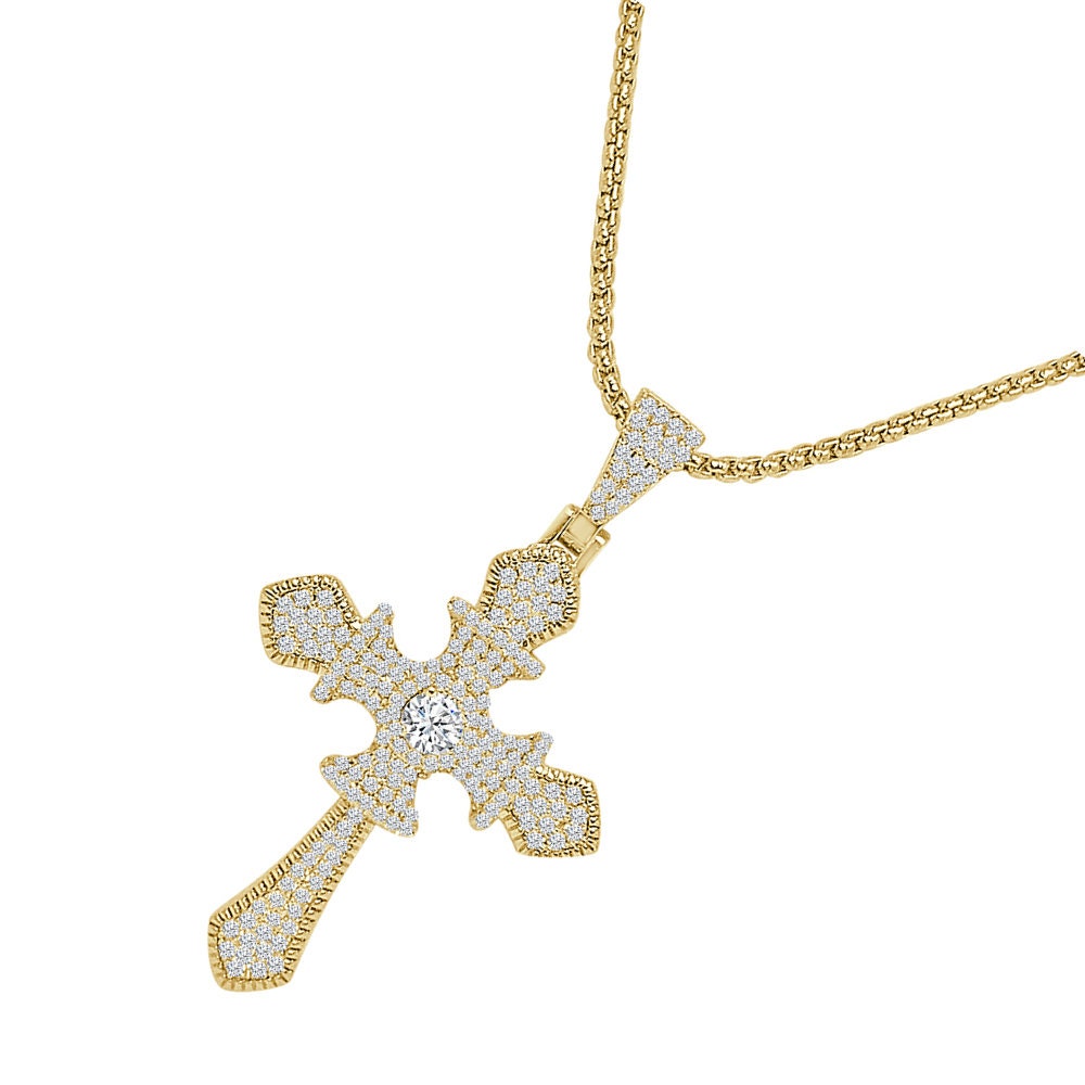 Unisex 14k Gold Over Simulated Diamond Jesus Crist Cross Designer Charm Religious Pendent Chain Set 2.25''