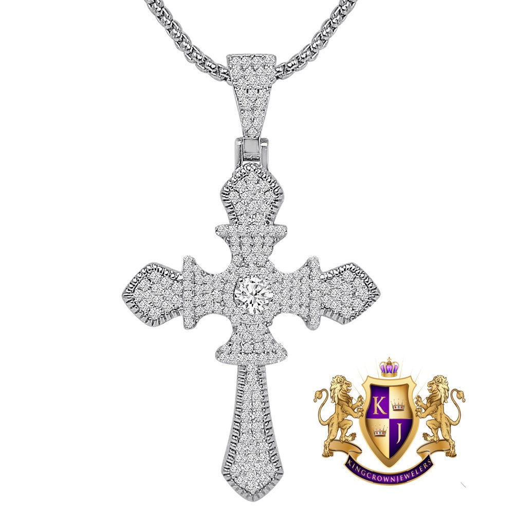 Unisex 14k Gold Over Simulated Diamond Jesus Crist Cross Designer Charm Religious Pendent Chain Set 2.25''