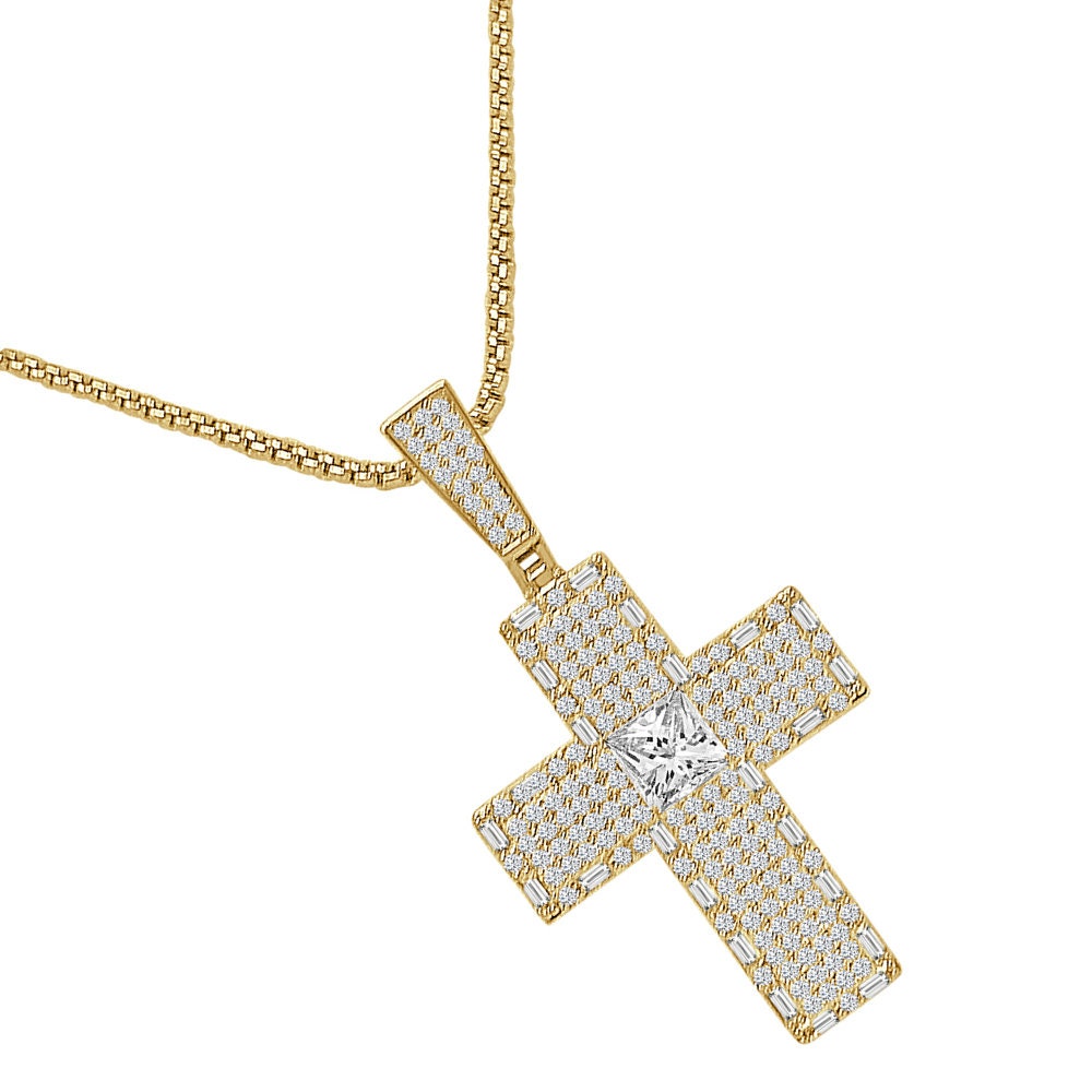 Solitaire 14k Gold Over Simulated Diamond Jesus Crist Cross Unisex Designer Charm Religious Pendent Chain Set 2.25