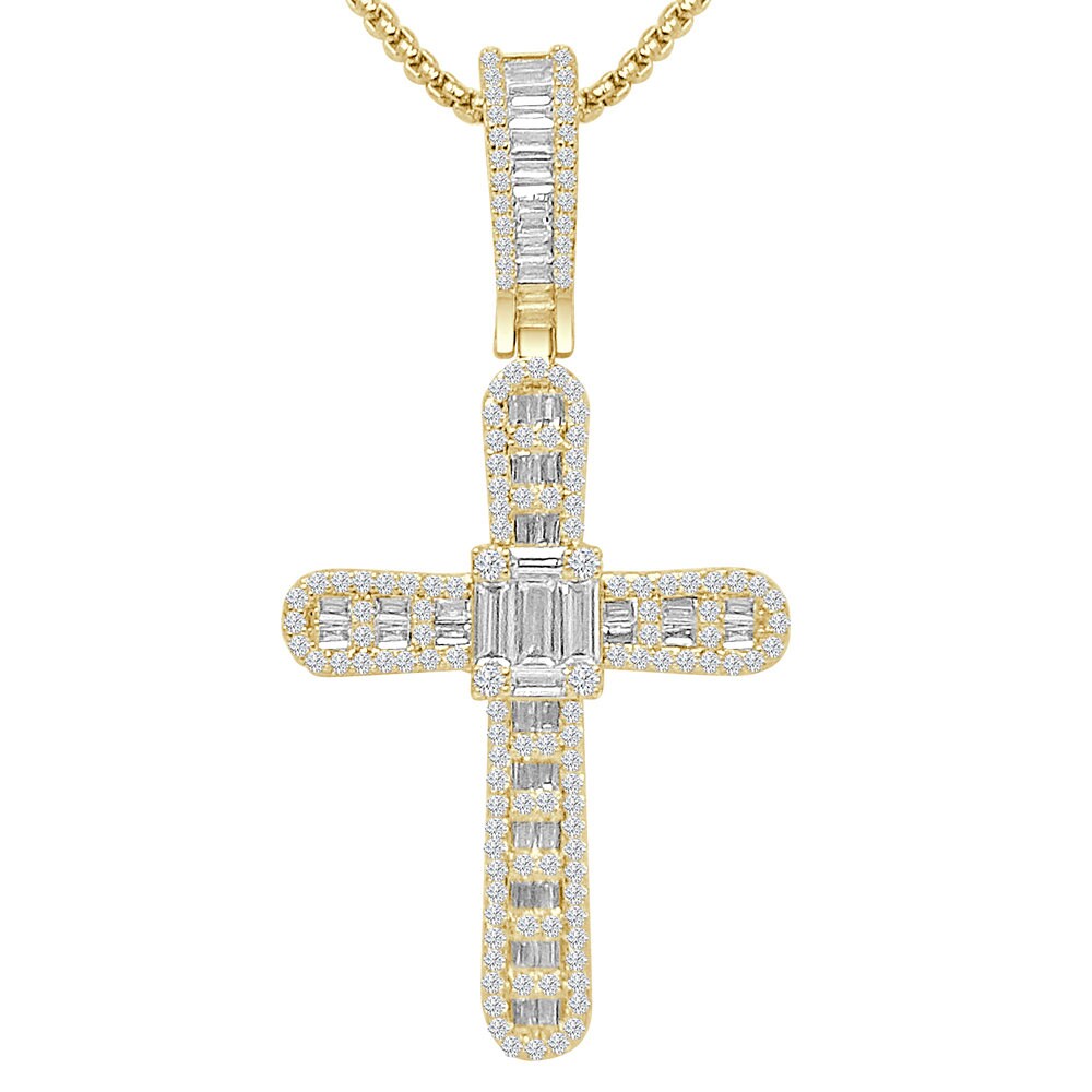 2.5'' 20 + Grams Baguette 14k Gold Over Simulated Diamond Jesus Crist Cross Unisex Charm Religious Pendent Chain Set