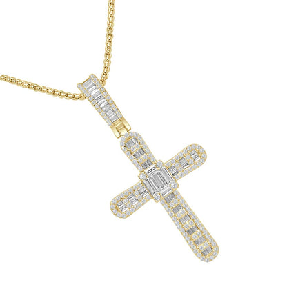 2.5'' 20 + Grams Baguette 14k Gold Over Simulated Diamond Jesus Crist Cross Unisex Charm Religious Pendent Chain Set