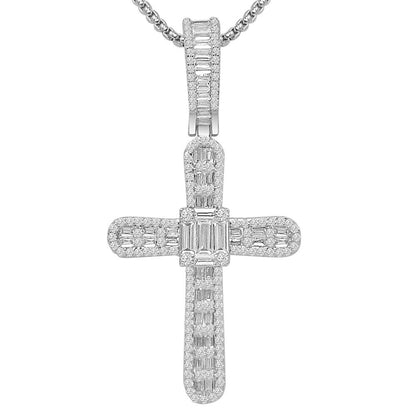 2.5'' 20 + Grams Baguette 14k Gold Over Simulated Diamond Jesus Crist Cross Unisex Charm Religious Pendent Chain Set