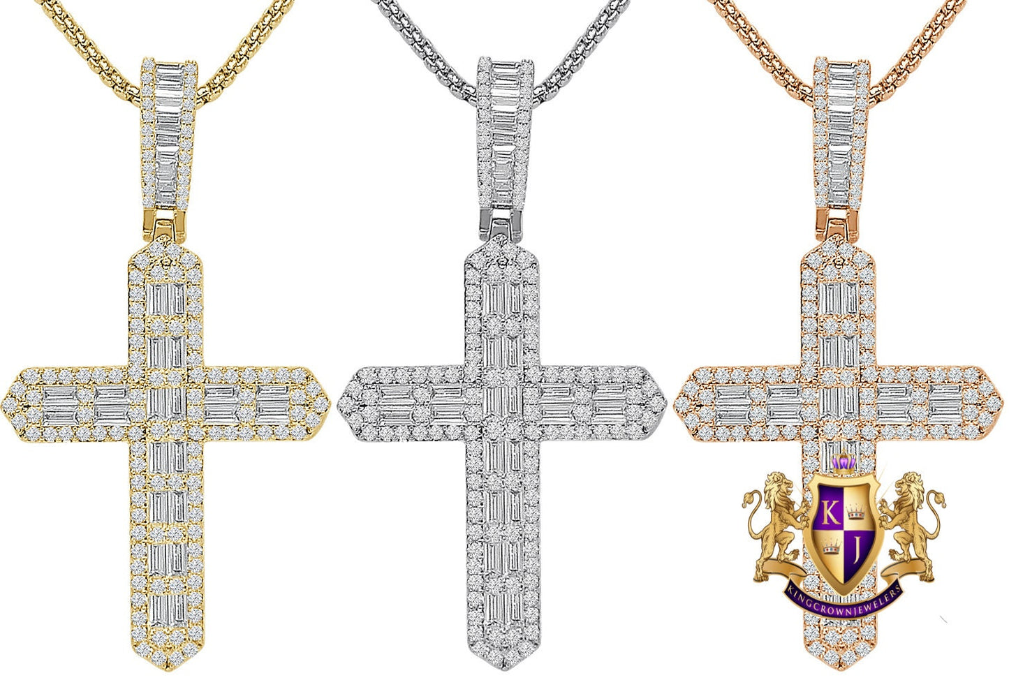 Baguette 14k Gold Over Simulated Diamond Jesus Crist Cross Unisex Charm Religious Pendent Chain Set 2.5'' 18 + Grams