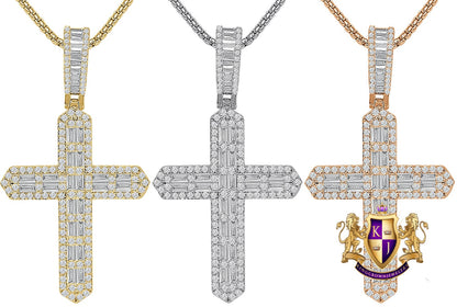 Baguette 14k Gold Over Simulated Diamond Jesus Crist Cross Unisex Charm Religious Pendent Chain Set 2.5'' 18 + Grams