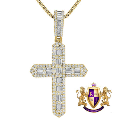 Baguette 14k Gold Over Simulated Diamond Jesus Crist Cross Unisex Charm Religious Pendent Chain Set 2.5'' 18 + Grams