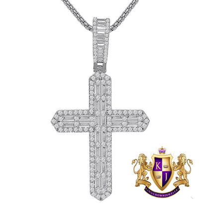 Baguette 14k Gold Over Simulated Diamond Jesus Crist Cross Unisex Charm Religious Pendent Chain Set 2.5'' 18 + Grams