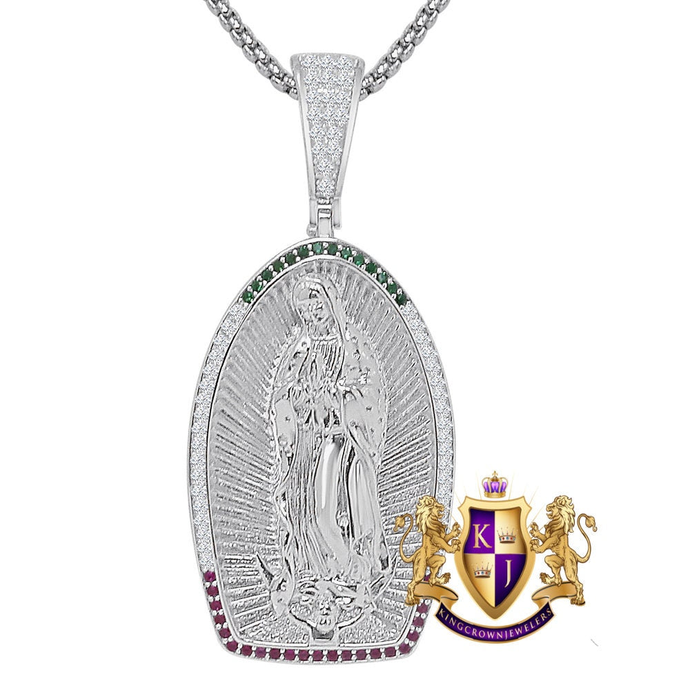 23 + Grams Big 2.35'' Real Sterling Silver 14K Gold Over Simulated Diamond Our Lady of Guadalupe Virgin Mother Mary Pendent Jesus Charm