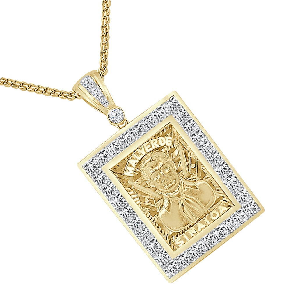 23+ Grams Real Sterling Silver 14K Gold Over Diamond Jesús Malverde Sinaloa Narco-Saint Protección Medalla Frame Charm Pendent 2.15'' +Chain