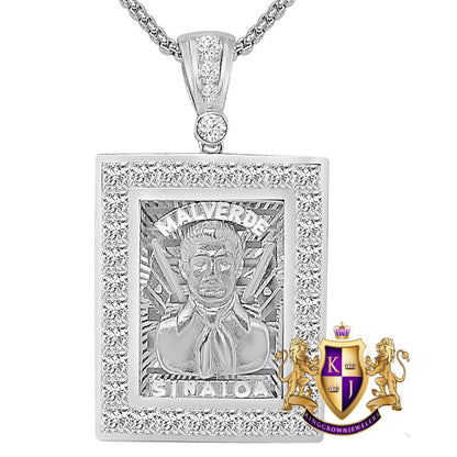 23+ Grams Real Sterling Silver 14K Gold Over Diamond Jesús Malverde Sinaloa Narco-Saint Protección Medalla Frame Charm Pendent 2.15'' +Chain