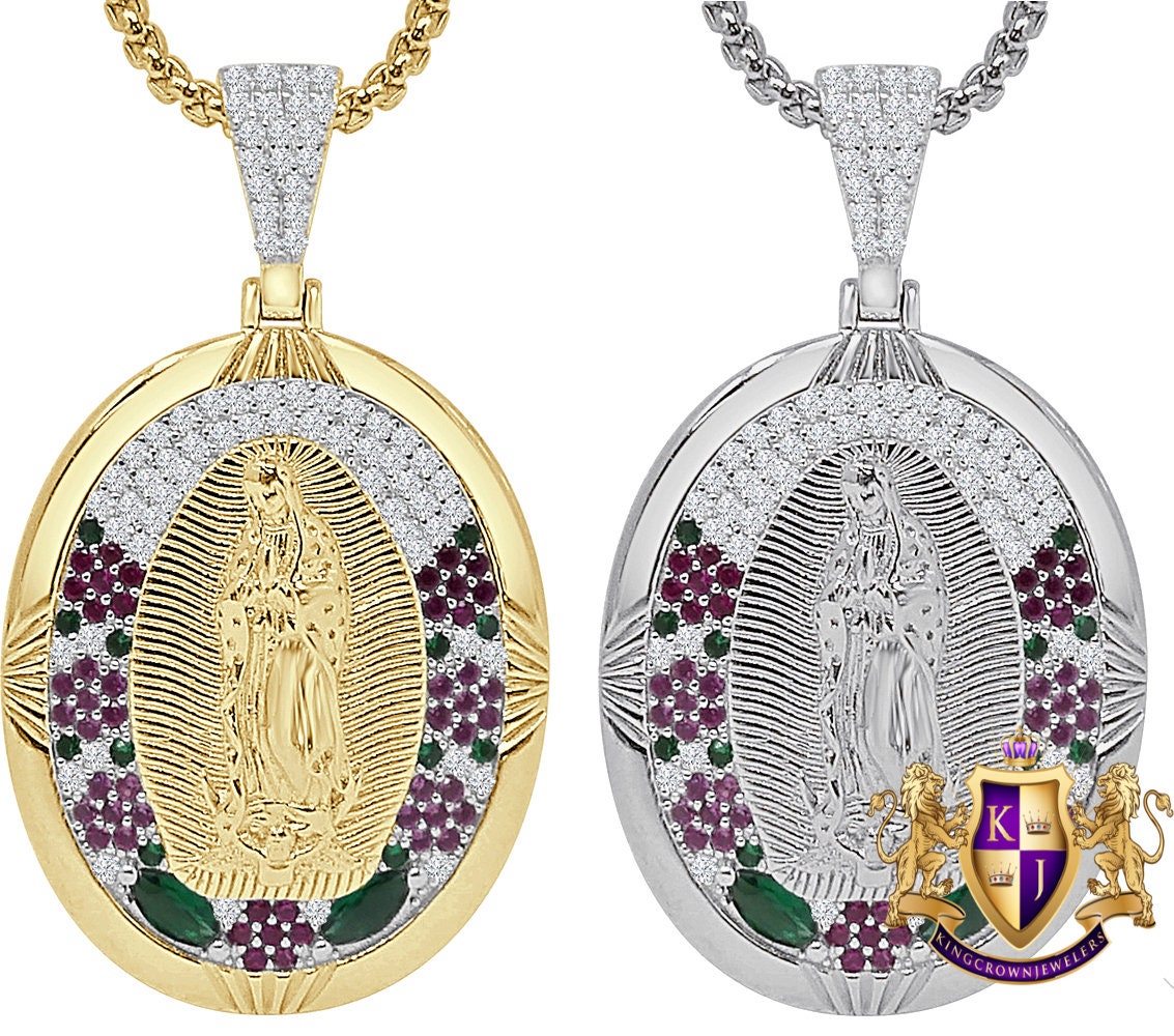 18 + Grams 1.80'' Real Sterling Silver 14K Gold Over Simulated Diamond Our Lady of Guadalupe Virgin Mother Mary Pendent Jesus Charm Chain