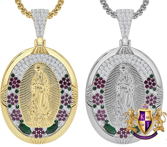18 + Grams 1.80'' Real Sterling Silver 14K Gold Over Simulated Diamond Our Lady of Guadalupe Virgin Mother Mary Pendent Jesus Charm Chain