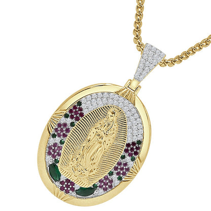 18 + Grams 1.80'' Real Sterling Silver 14K Gold Over Simulated Diamond Our Lady of Guadalupe Virgin Mother Mary Pendent Jesus Charm Chain
