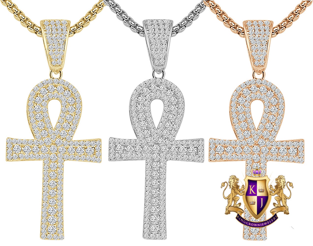 1.65'' Real Genuine Sterling Silver Simulated Diamond 14K Gold Over Egyptian Ankh Cross Charm Pendent Chain Set