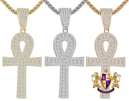 1.65'' Real Genuine Sterling Silver Simulated Diamond 14K Gold Over Egyptian Ankh Cross Charm Pendent Chain Set