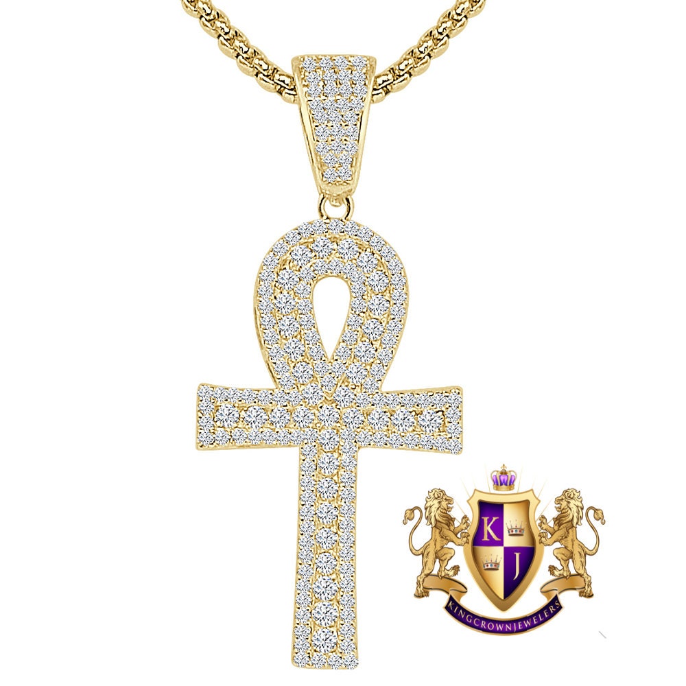 1.65'' Real Genuine Sterling Silver Simulated Diamond 14K Gold Over Egyptian Ankh Cross Charm Pendent Chain Set
