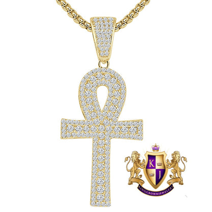 1.65'' Real Genuine Sterling Silver Simulated Diamond 14K Gold Over Egyptian Ankh Cross Charm Pendent Chain Set