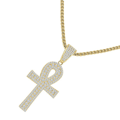 1.65'' Real Genuine Sterling Silver Simulated Diamond 14K Gold Over Egyptian Ankh Cross Charm Pendent Chain Set