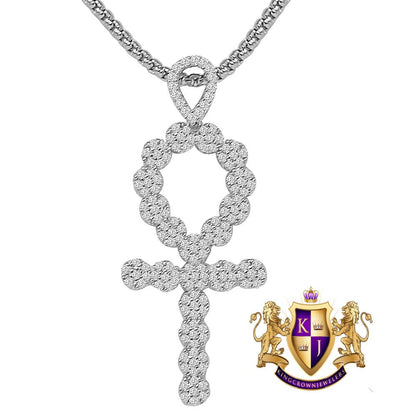 Real Genuine Sterling Silver Simulated Diamond 14K Gold Over Flower Cluster Egyptian Ankh Cross Unisex Charm Pendant Chain Neckless Set 2''