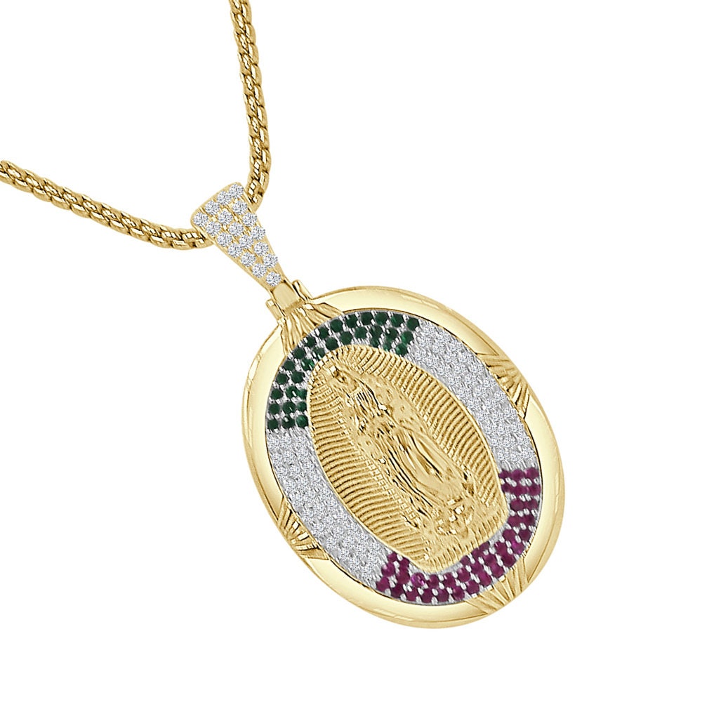 Real Sterling Silver 14K Gold Over Simulated Diamond Our Lady of Guadalupe Virgin Mother Mary Pendent Jesus Charm Chain 18 + Grams 1.80''