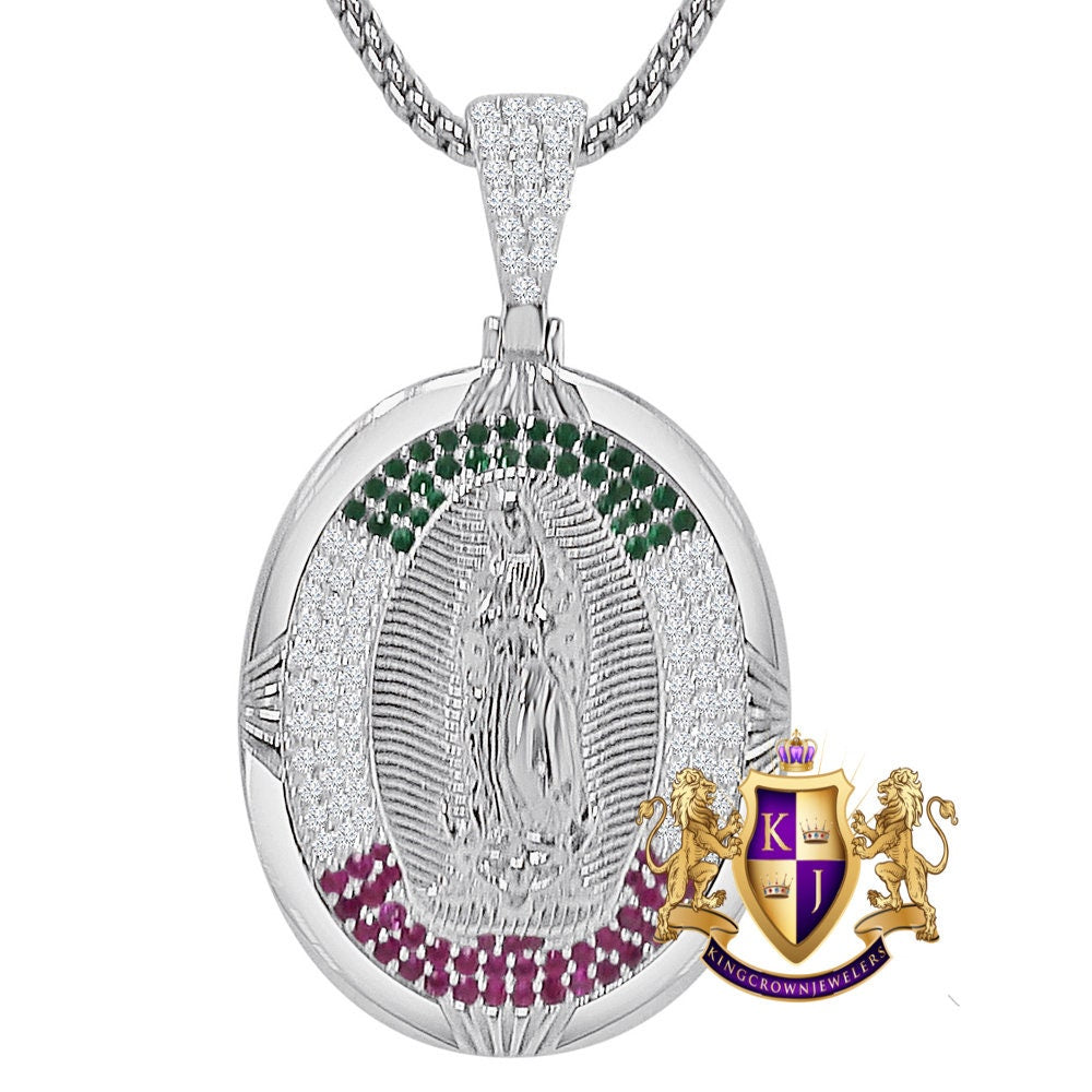 Real Sterling Silver 14K Gold Over Simulated Diamond Our Lady of Guadalupe Virgin Mother Mary Pendent Jesus Charm Chain 18 + Grams 1.80''