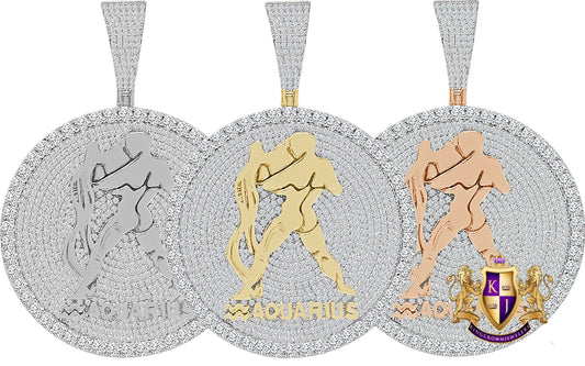 48 + Grams Big 3" Men's Zodiac Sign Aquarius Water Astrology Horoscope Round Medallion 14K Gold Over Diamond Custom Pendent Good Luck Charm