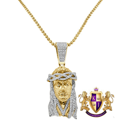 Real Genuine Authentic Diamond Jesus Face Piece 10K Gold Over Religious Charm Mini Small 1.75'' Unisex Pendent Chain Set