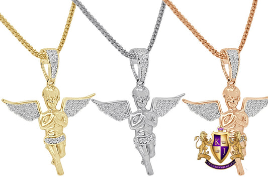 Real Genuine Diamond Flying Wing Praying Hand Holy Baby Angel Mini Small 1.30" Religious Charm 10K Gold Over Unisex Pendent Chain Set