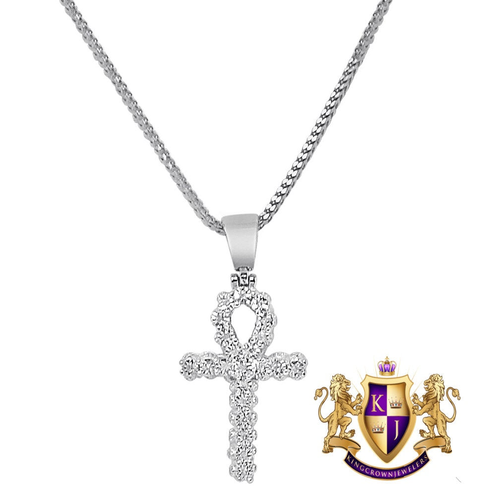 Real Genuine Diamond 0.30 Cwt. Egyptian Ankh Cross Mini Small 1.25" Charm 10K Gold Over Unisex Pendent Chain Set
