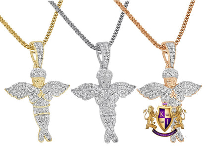 Real Authentic Diamond Flying Wing Praying Hand Holy Baby Angel Mini Small 1.30" Religious Charm 10K Gold Over Unisex Pendent Chain Set