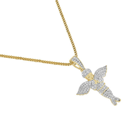 Real Authentic Diamond Flying Wing Praying Hand Holy Baby Angel Mini Small 1.30" Religious Charm 10K Gold Over Unisex Pendent Chain Set
