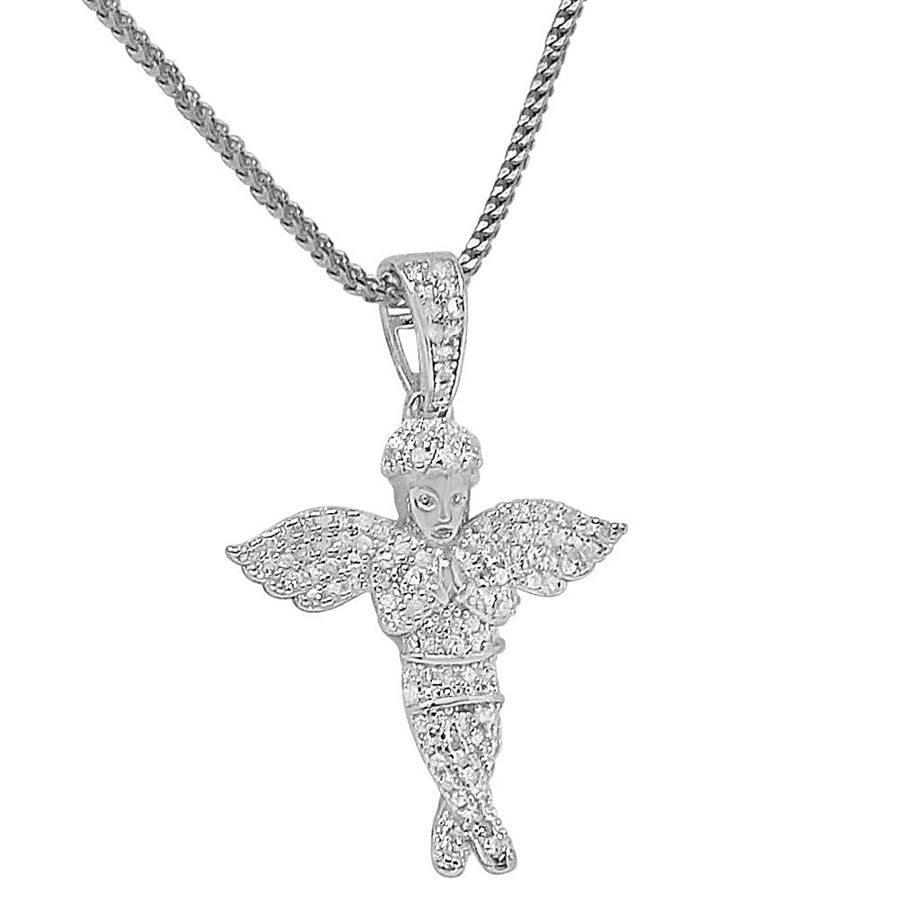 Real Authentic Diamond Flying Wing Praying Hand Holy Baby Angel Mini Small 1.30" Religious Charm 10K Gold Over Unisex Pendent Chain Set