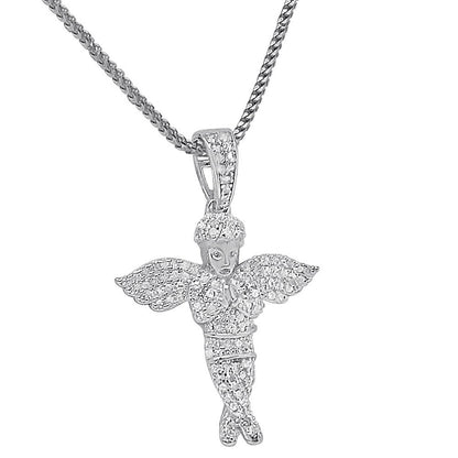 Real Authentic Diamond Flying Wing Praying Hand Holy Baby Angel Mini Small 1.30" Religious Charm 10K Gold Over Unisex Pendent Chain Set