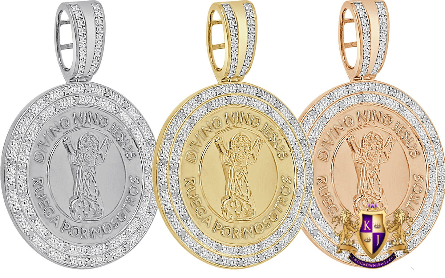 Real Genuine Diamond Santo Nino De Atocha Jesús Religious Round Medallion Pendent 10K Gold Over Charm 2.25''