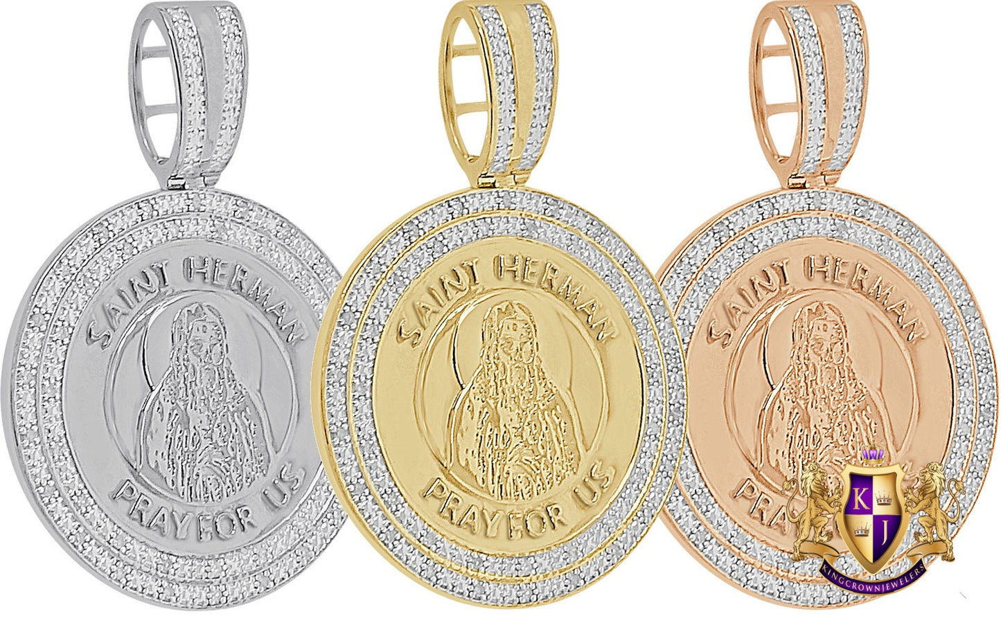 Real Genuine Authentic Diamond Saint Herman Religious Round Medallion Pendent 10K Gold Over Unisex Charm 2.25''