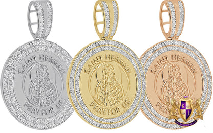 Real Genuine Authentic Diamond Saint Herman Religious Round Medallion Pendent 10K Gold Over Unisex Charm 2.25''